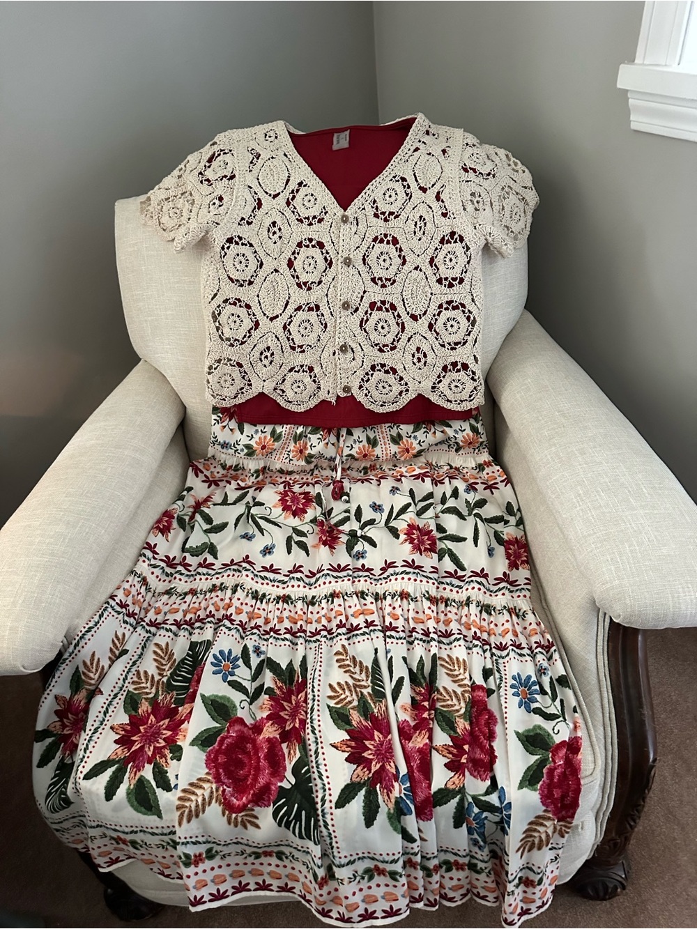 Three piece tiered skirt, top and crocheted sweater